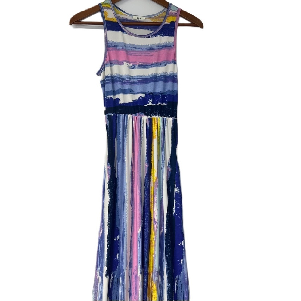 Egs Sleeveless Striped Maxi Tank Dress Size Medium Blue White Pink